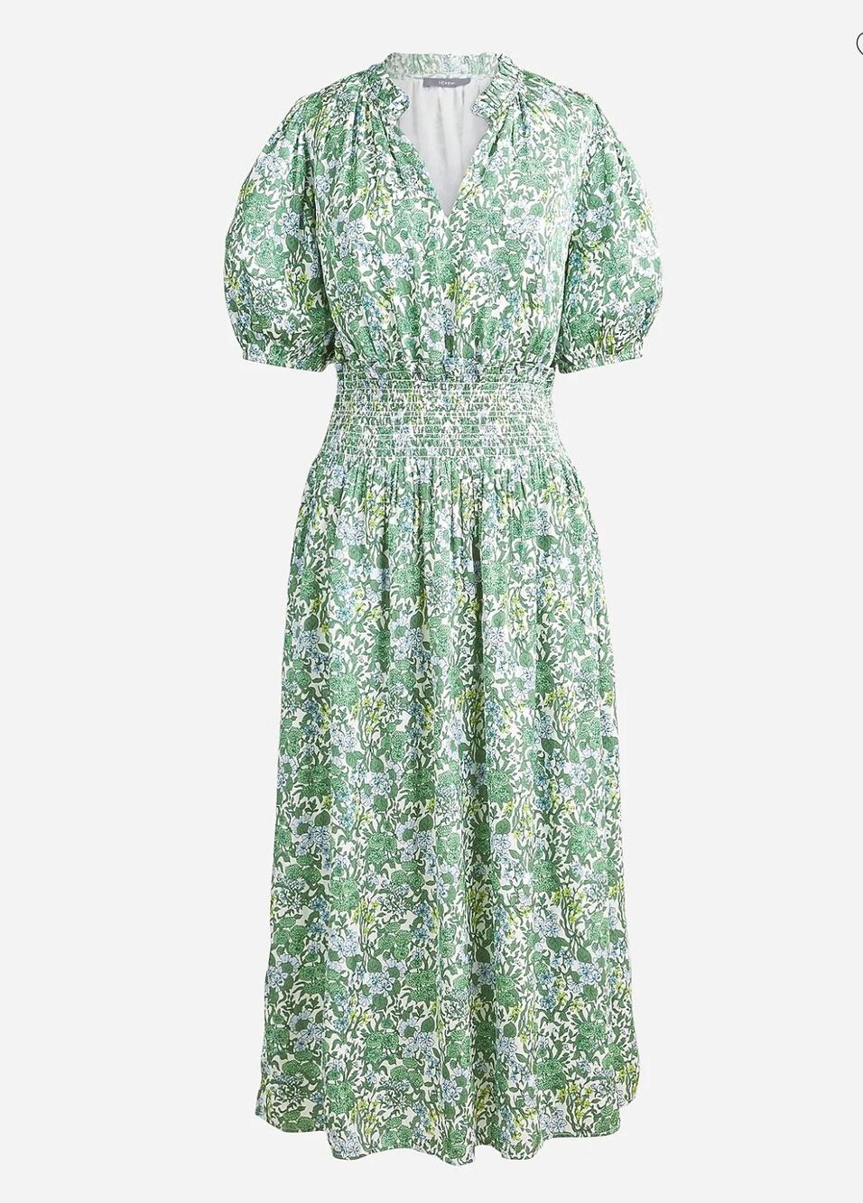 J. Crew Smocked Waist Featherweight Satin Midi Dress in Tossed Floral Size XS
